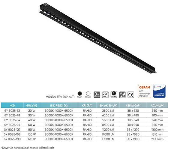 Goya Gy 8025-127 80 Watt Sıva Altı Linear Armatür Teknik Cizim